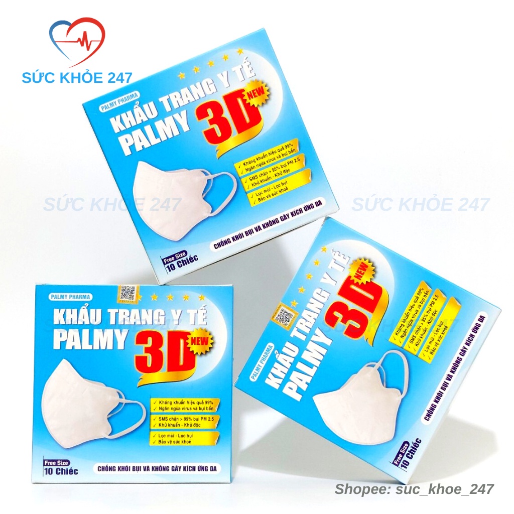 Khẩu Trang Y Tế 3D PALMY New Giúp Khử Khuẩn - Khử Độc, Lọc Mùi - Lọc Bụi Hộp 10 Chiếc
