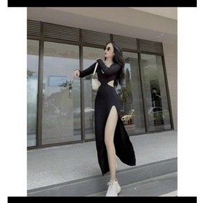 Đầm body td xẻ tà khóec eo hai bên td dây vải thun lụa lạnh lyie