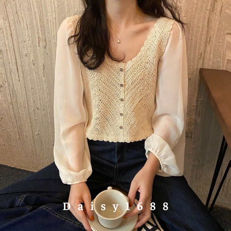 Áo Kiểu Basic Phối Voan Dài Tay Thanh Lịch Cho Nữ, Có Sẵn Daisy1688