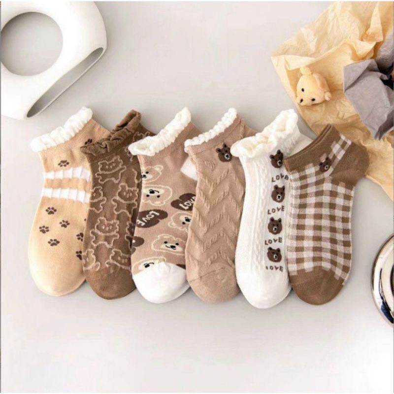 Set 6 đôi tất hình Gấu tone Nâu cổ ngắn nhún bèo xinh xắn