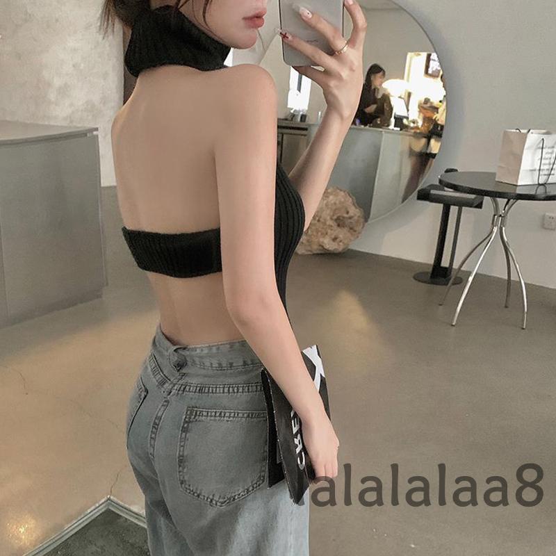 Áo Dệt Kim Sát Nách Cổ Cao Hở Lưng Màu Trơn Thời Trang Mùa Hè Cho Nữ LAA8