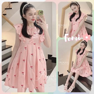 Đầm Cherry Babydoll thêu xinh xắn, diện đi chơi đi du lịch, đầm suông tiểu thư