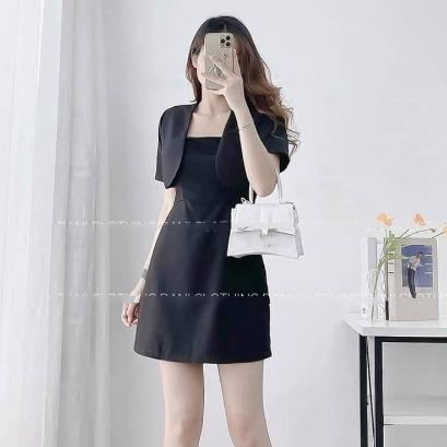 SÉT 70111, SÉT ĐẦM DÂY KÈM ÁO KHOÁC TAY NGẮN, VẢI FOR MỀM.