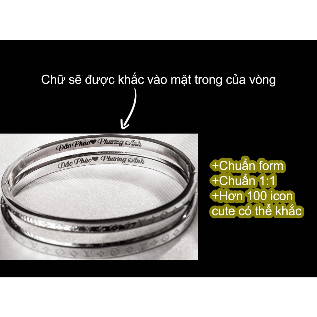 Vòng tay LV monogram khắc tên theo yêu cầu không rỉ - bảo hành 5 năm - cuff cặp đôi