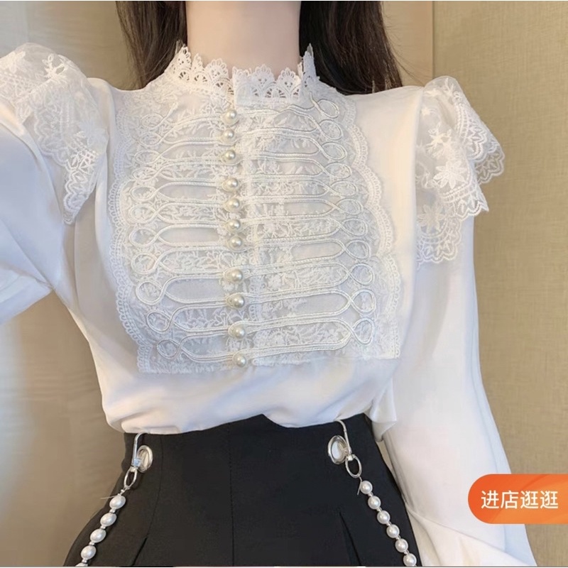 Áo sơ mi kiểu tiểu thư tay ren loe phối cúc ngọc sang chảnh/ Áo bánh bèo voan thanh lịch công sở kiểu Pháp