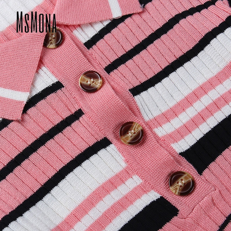 MsMona Áo Thun Polo Dệt Kim Tay Dài Dáng Ôm Họa Tiết Kẻ Sọc Màu Tương Phản Thời Trang 2022 Cho Nữ