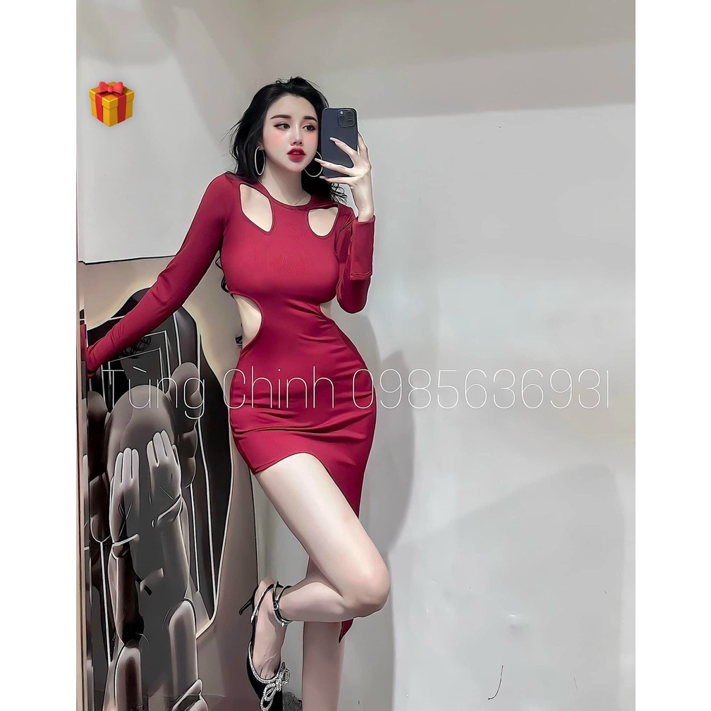 Đầm tay dài khoét 2 bên vai ôm body hở eo ra lưng xéo tà sexy , chất thun gân mềm mịn