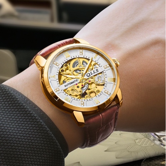 Đồng hồ cơ nam tự động chính hãng QLLS 8075, kính Sapphire lộ máy 2 mặt cao cấp chống trầy xước, bảo hành 24 tháng