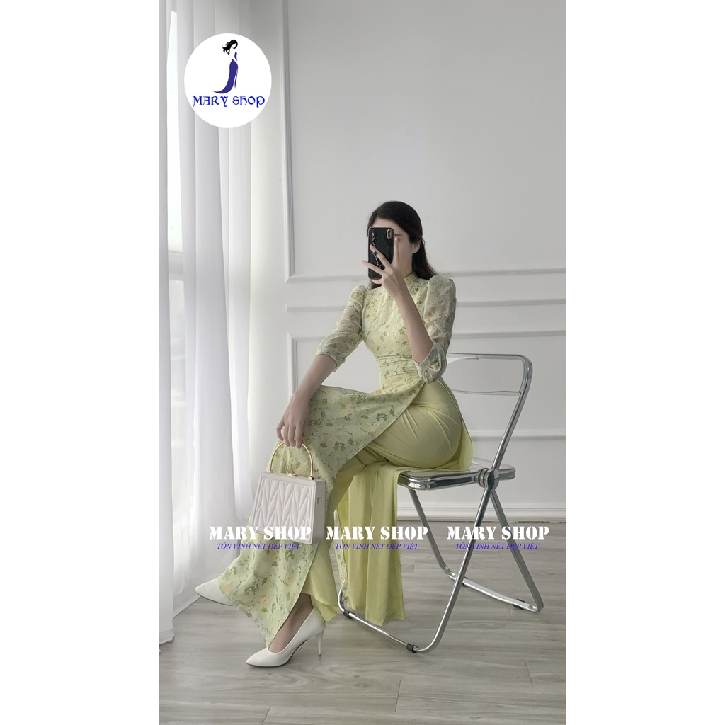 ÁO DÀI TRUYỀN THỐNG TAY LỠ TRẺ TRUNG 4 TÀ HỌA TIẾT HOA MÀU XANH NGỌC