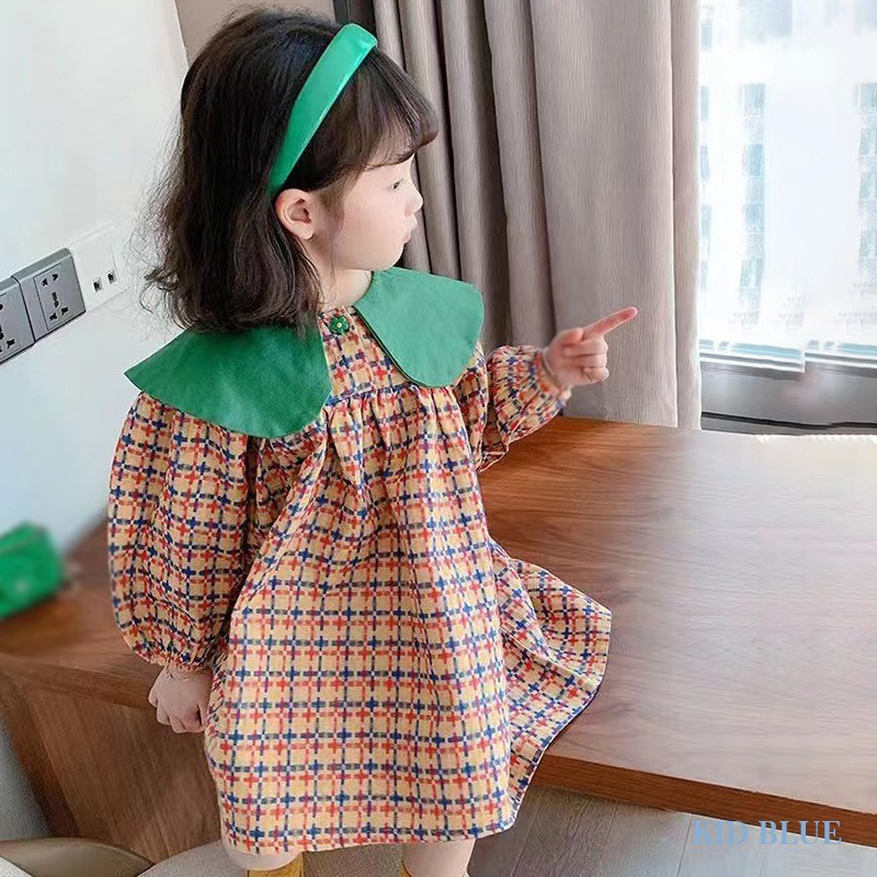 Đầm Công Chúa Dáng Suông Tay Phồng Kẻ Sọc Caro Nhiều Màu Cổ Điển Thời Trang Xuân Thu Phong Cách Hàn Quốc Cho Bé Gái