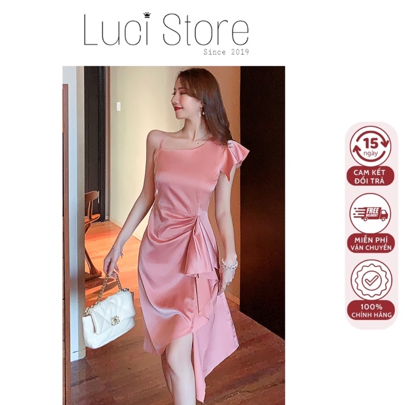 (Có size) Đầm Lụa thiết kế tà xéo chéo vai đi tiệc cực sang cho bạn nữ - hàng có size lớn