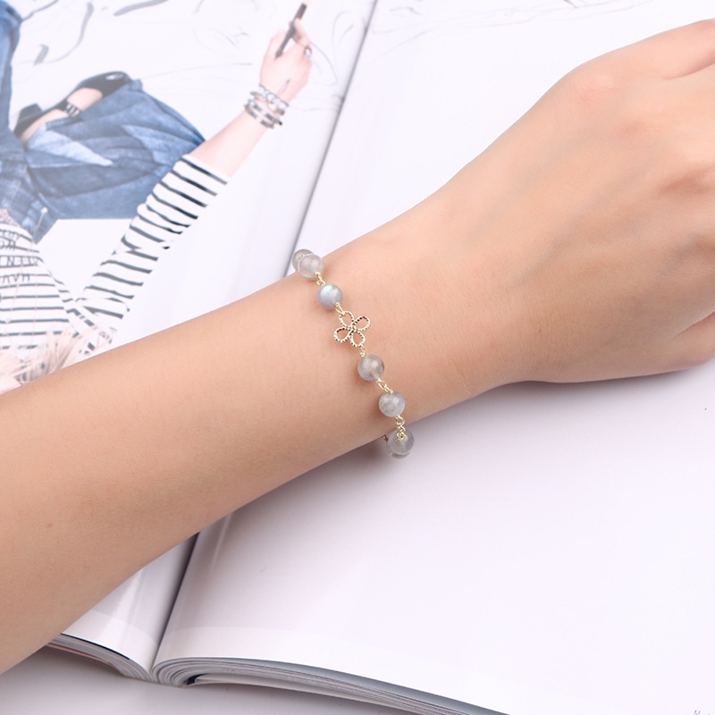 Vòng Đeo Tay Cỏ Bốn Lá Tự Nhiên Màu Xám Nhẹ Nhàng Thiết Kế Sang Trọng Hạnh Phúc Tình Yêu Labradorite