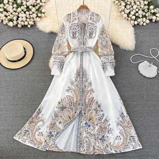 #2431 [Order] Đầm tay dài có sơ mi có túi kèm thắt lưng họa tiết