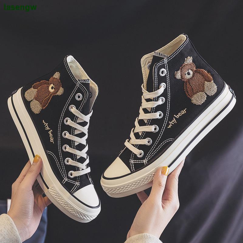 Giày Thể Thao Canvas Cổ Cao Thêu Hình Gấu Phong Cách Hàn Quốc Mới 2022