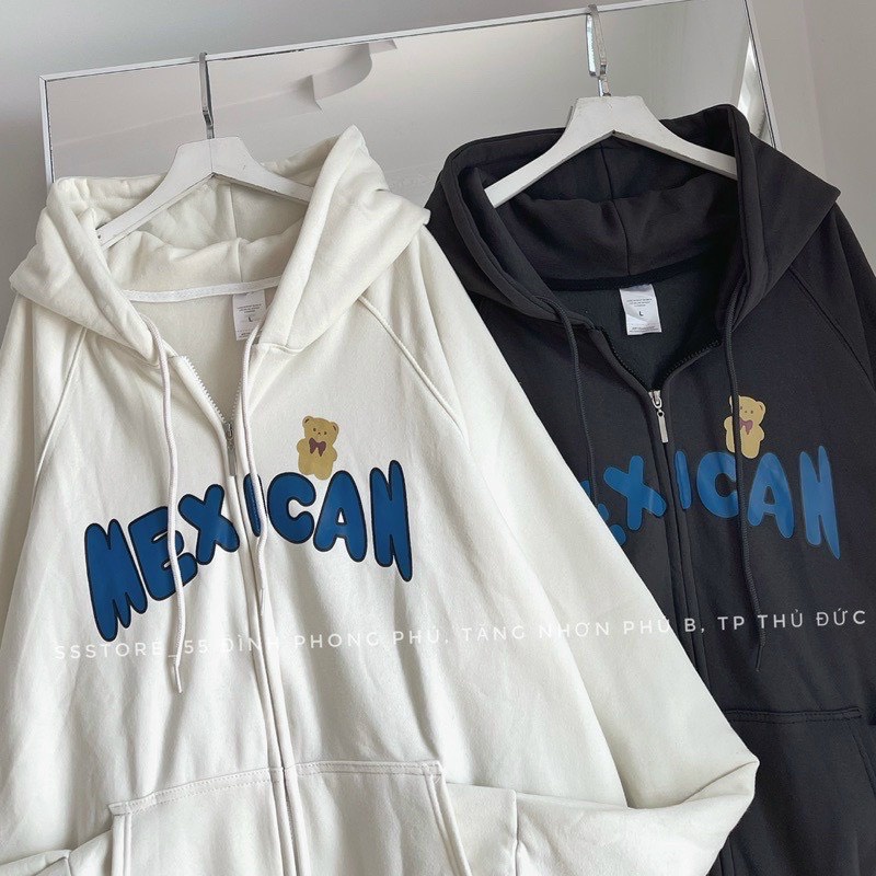 Aó khoác nam nữ chất nỉ ngoại có dây kéo logo in chữ MEXICAN với 2 màu đen trắng xinh đẹp