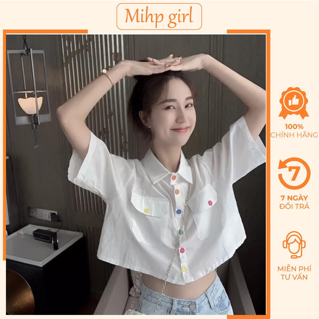 Áo sơ mi croptop nữ tay ngắn form rộng, Áo bigsize nữ kiểu alzzang phối nút nhiều màu