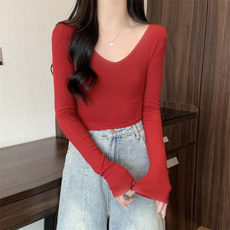 Áo lông cừu SUXI cổ chữ V màu sắc đơn giản dáng ôm thời trang cho nữ