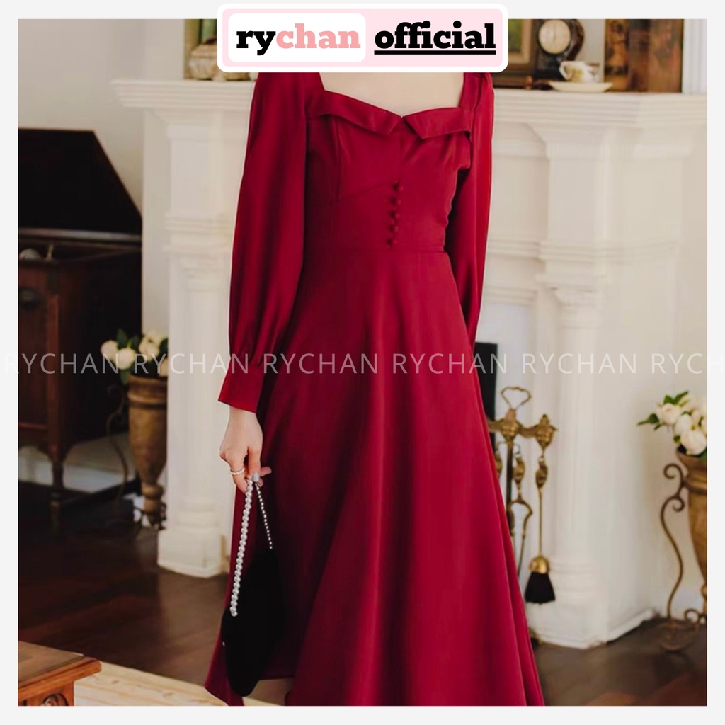 [ẢNH THẬT CUỐI] Đầm Đi Chơi Dáng Dài Xòe Basic Phối Nút Xinh Xắn, Đầm Cổ Vuông Tay Dài Sành Điệu Màu Đen Màu Đỏ-DX105