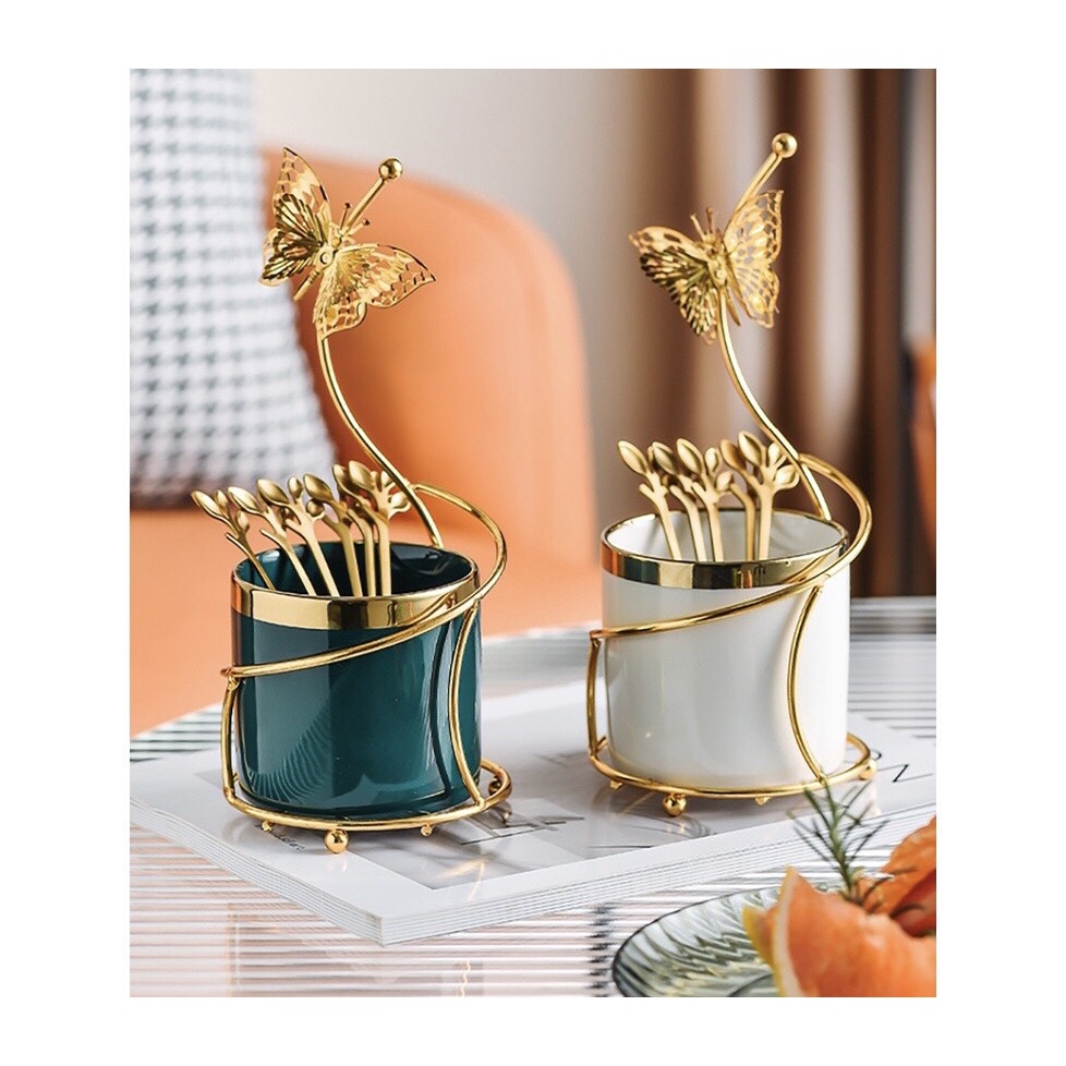 Hũ sứ Decor viền vàng kèm khung hợp kim cánh bướm/ Hũ đựng thìa nĩa Decor
