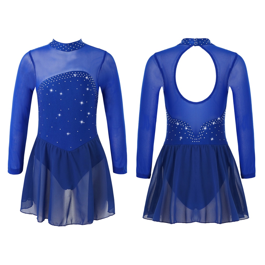 Kids Bé Gái Áo Dài Tay Lưới Xuyên Thấu Đính Đá Lấp Lánh Lỗ Chìa Khóa Mô Hình Múa Ba Lê leotard