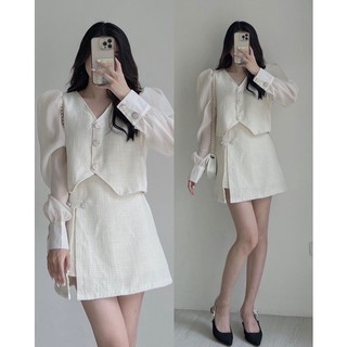 Set tweet phối tơ tay bồng thời trang