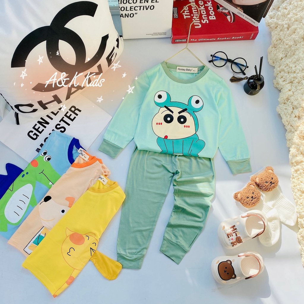 Bộ dài tay phối tai thú thật, minkey thun lạnh phối viền bo cho bé trai,gái dưới 1m2,từ 7kg đến 19kg M.52