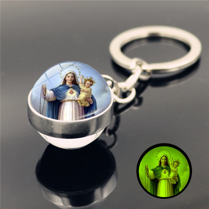 Móc Khóa Quả Cầu Thủy Tinh Cabochon Hai Mặt Phát Sáng Trong Bóng Tối In Hình Chúa Jesus