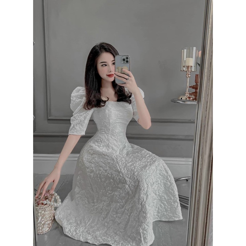 [12/12 Sale Freeship] Đầm cổ vuông chất gấm sang trọng,đầm gấm có mút dập hoa nổi tay ngắn dáng xòe đi tiệc cực đẹp dx