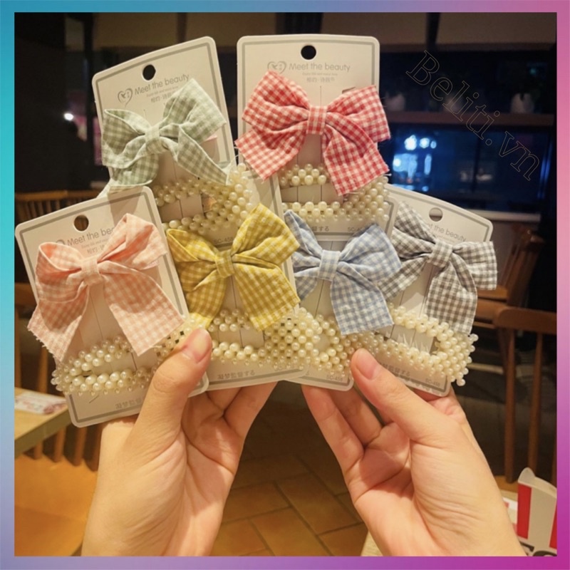 Combo 2 Kẹp nơ ruy băng, lụa/ kẹp trắng xinh xắn phong cách Hàn Quốc