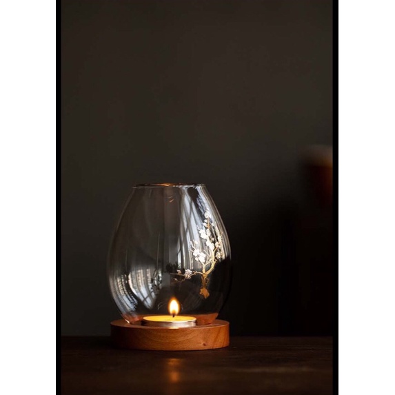 Đèn Thiền trà đế gỗ mộc hương - Đèn tealight trang trí có bóng thuỷ tinh