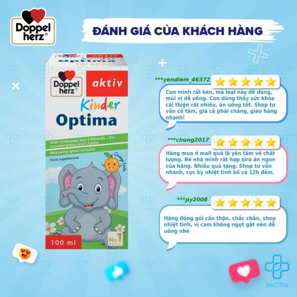 Siro Ăn Ngon Cho Bé Kinder Optima Doppelherz Đức - Siro Ăn Ngon, L-Lysine, Tăng Chiều Cao Cho Bé (Lọ 100ml) [Chính Hãng]