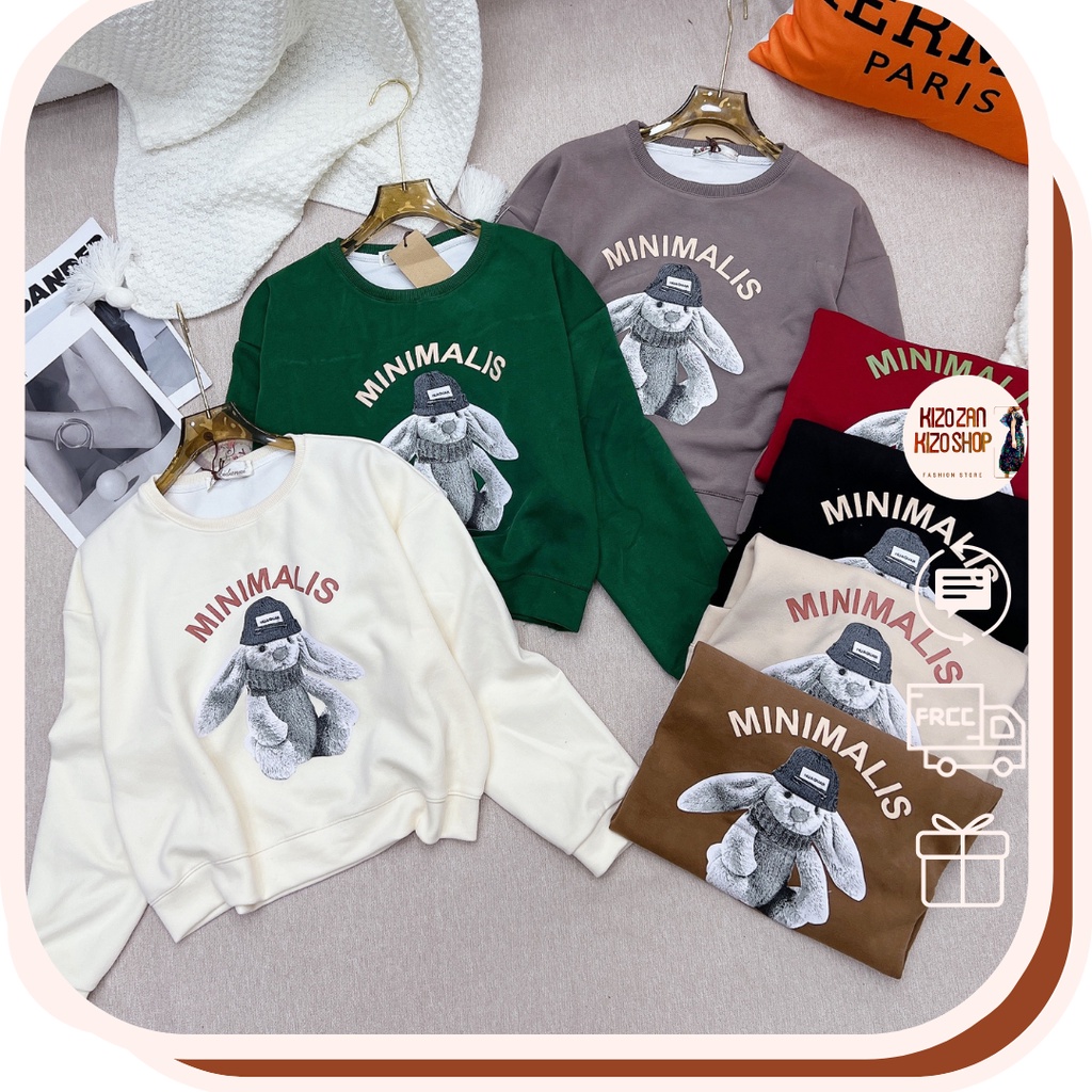 Áo sweater mùa đông nữ in hình thỏ chữ minimalis tay dài cổ tròn dáng vừa mặc thu đông, áo thun nỉ da cá nữ dễ thương