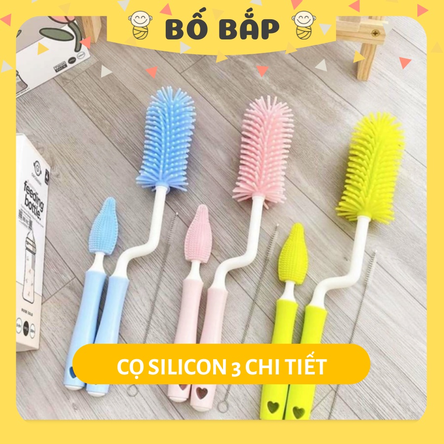 Bộ Cọ Rửa Bình Sữa Silicon ⚡CAO CẤP⚡ 3 Chi Tiết Cho Bé, Tay Cầm Xoay 360 Độ - Bố Bắp Store