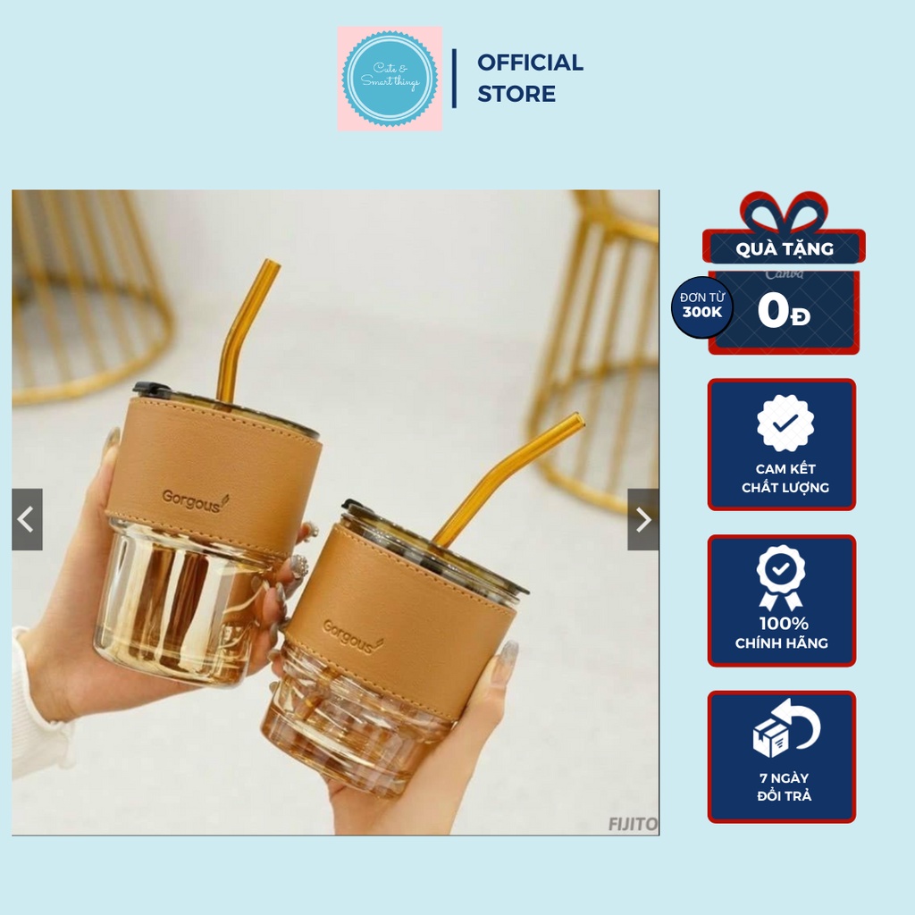 Cốc thủy tinh GorGous bọc da có nắp kèm ống hút 450ml, 650mL (có khắc tên theo yêu cầu)