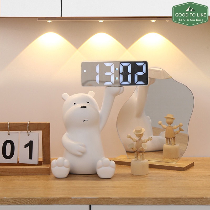 Đồng Hồ Led Để Bàn Mặt Gương Có Báo Thức Tặng Kèm Mô Hình Gấu Trắng,Đồng Hồ Báo Thức Hẹn Giờ Cảm Biến Ánh Sáng Tự Động