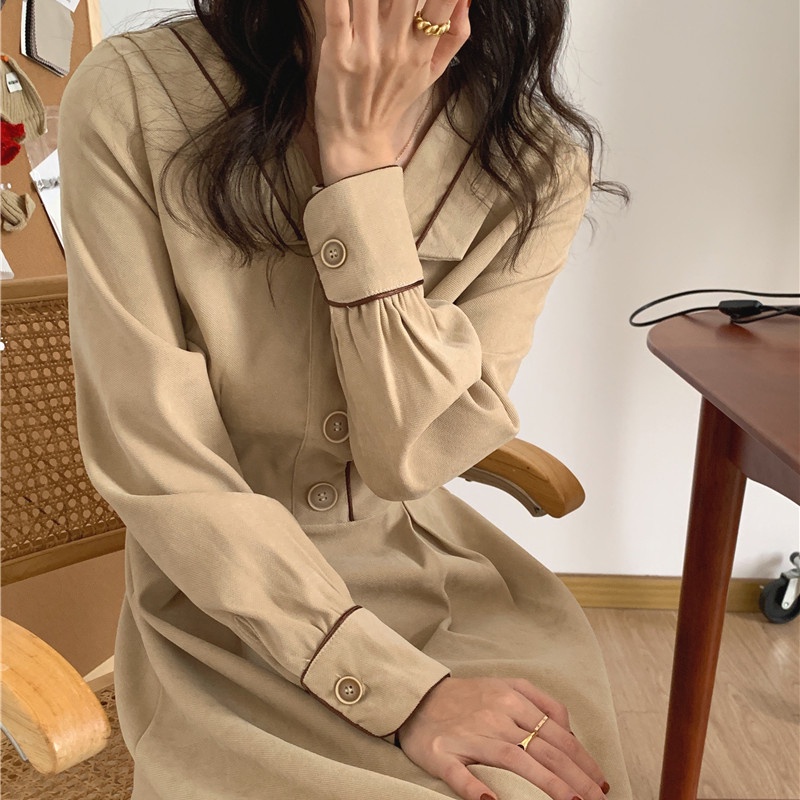 Đầm SUXI dáng chữ A cổ bẻ màu sắc vintage thời trang mùa thu phong cách Hàn Quốc