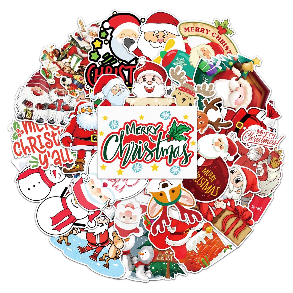 Set 50 sticker chống nước họa tiết ông già Noel Giáng sinh trang trí hành lí có thể tái sử dụng
