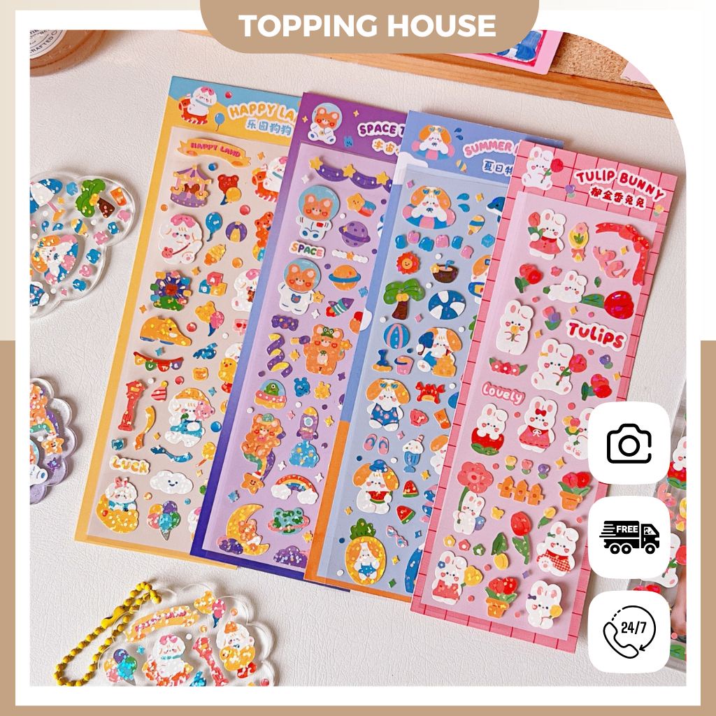 Sticker Hình Dán Trang Trí Toploader Lấp Lánh PET, Miếng Dán Họa Tiết Hoạt Hình - Topping House - DC34