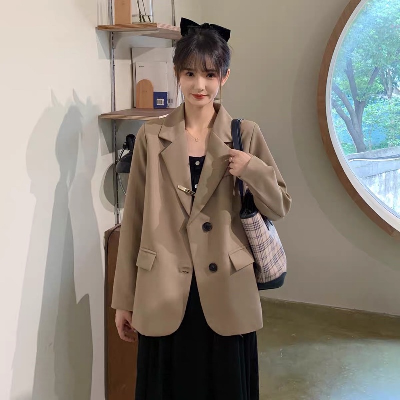 (Sẵn) Áo Blazer Nữ Cho Nữ Thấp Bé 1M40 1m50 Áo Vest Khoác Ngoài 2 Lớp Dài Tay Dáng Rộng Màu Nâu Tây Đen XS S