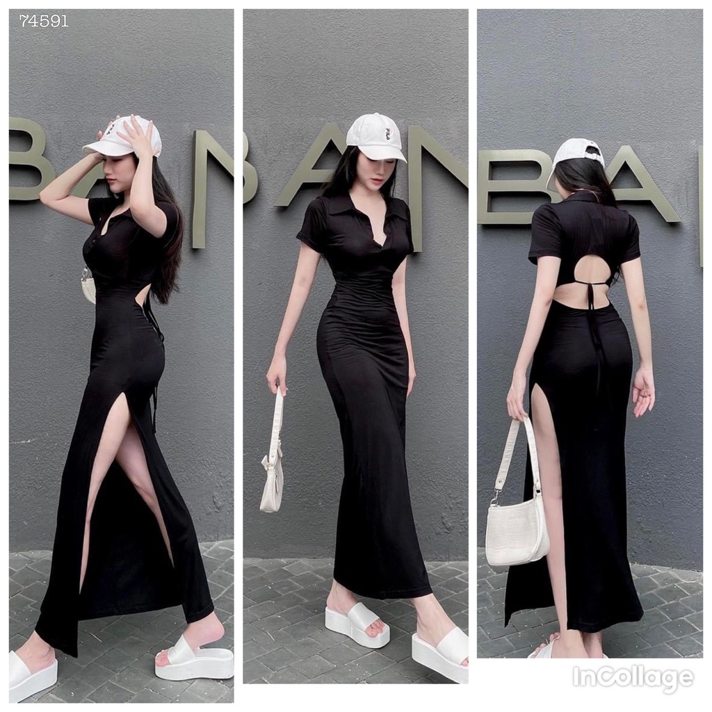 ĐẦM THUN TRƠN SUÔNG BODY ĐEN MIDI XẺ ĐÙI CỔ SƠ MI