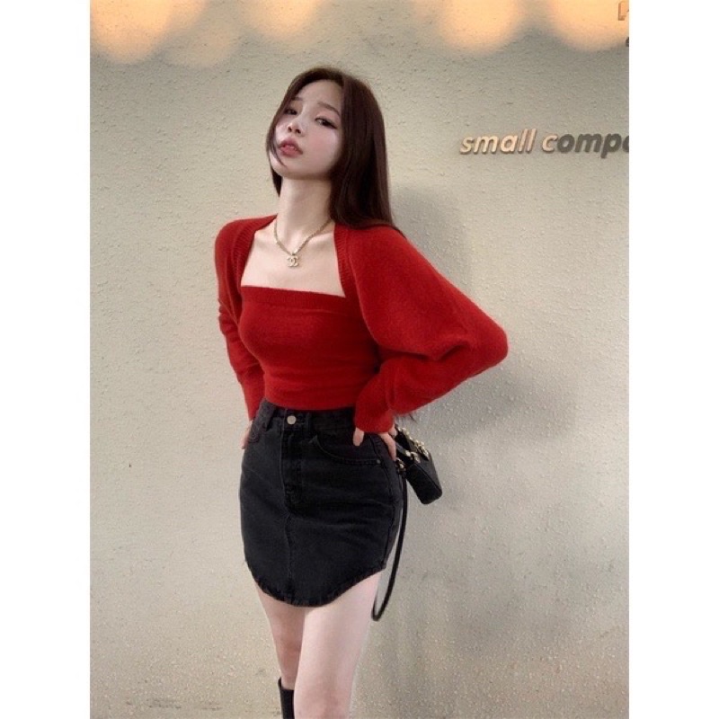 SET ÁO ỐNG ĐỎ + ÁO KHOÁC CROPTOP ĐỎ + CHÂN VÁY ĐEN LAI BẦU
