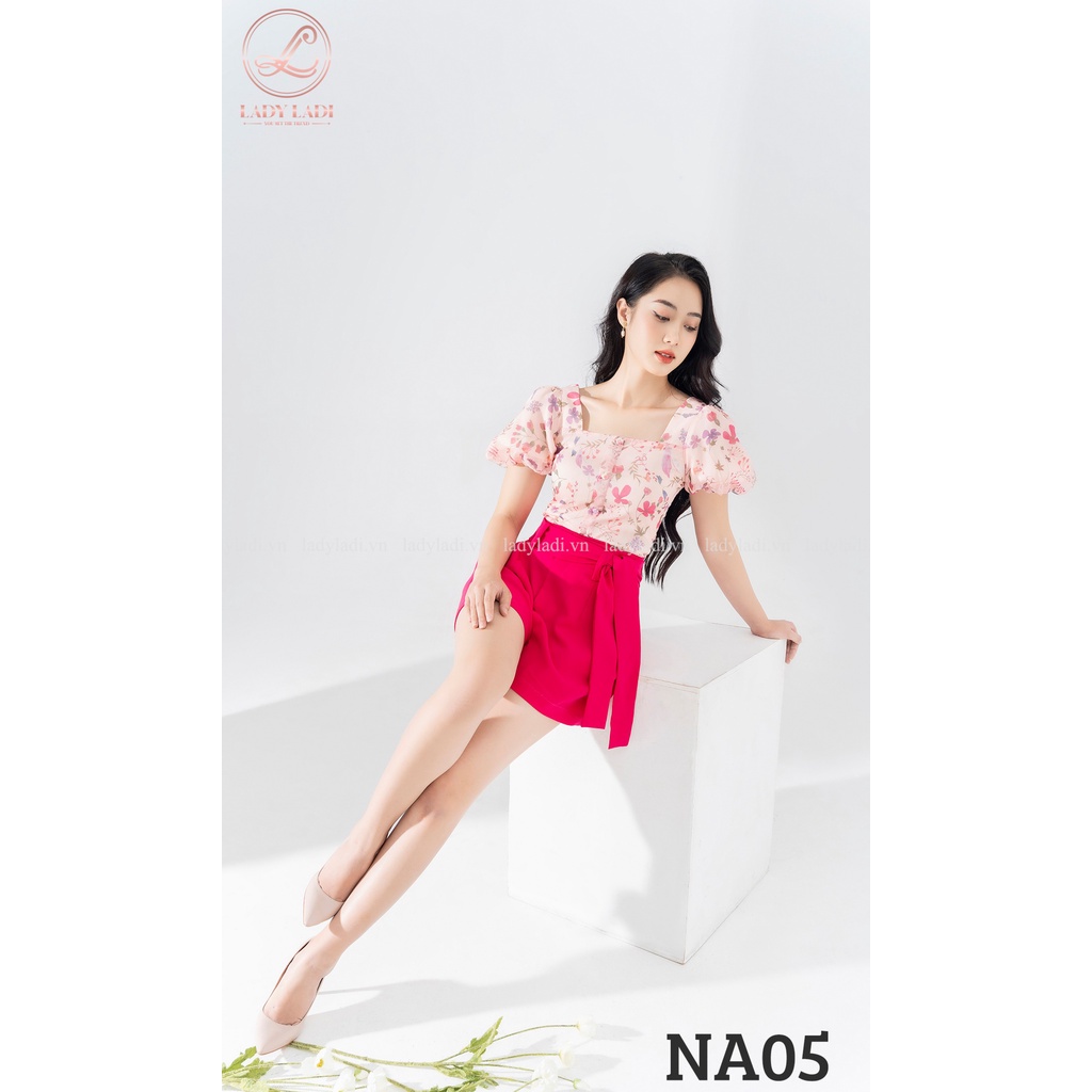 Áo hoa nhí tay bồng cổ vuông LADI màu hồng sáng da chất tơ bay nhẹ nhàng NA05