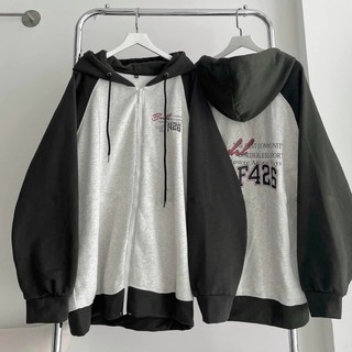 Áo khoác nỉ nữ nón lớn 2 lớp in logo nổi phối màu tay form rộng mặc thoải mái jellyfashion