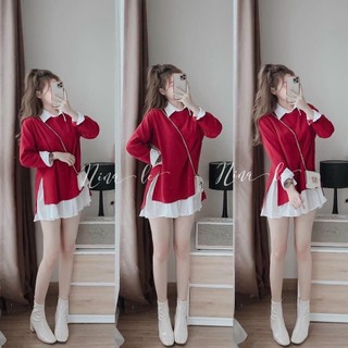 Set đầm sơ mi trắng đuôi xếp ly phối gile đỏ tay dài