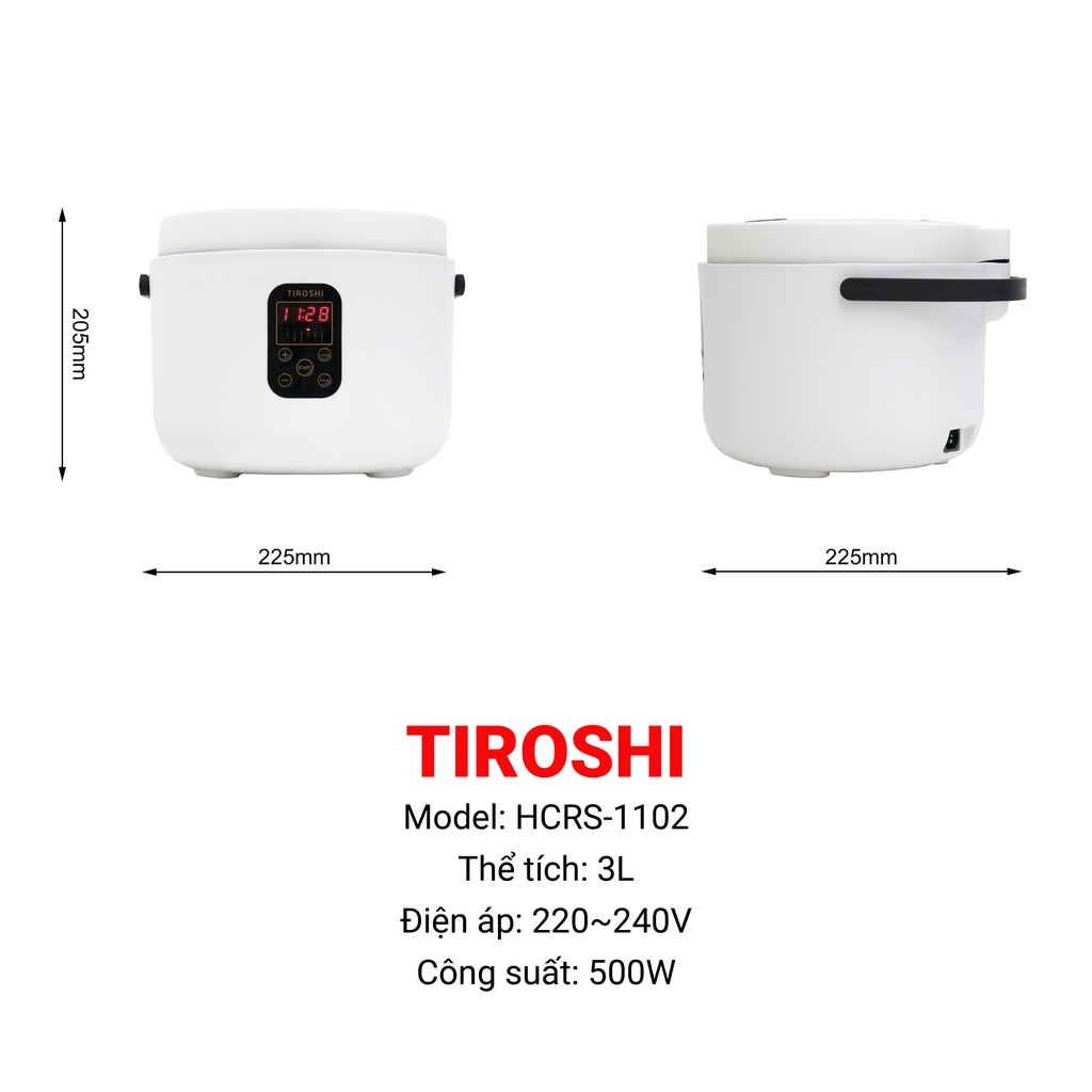 Nồi cơm điện tử Tiroshi HCRS - 1102 dung tích lớn 3L ( lòng nồi 2 lít) công xuất 500W, 7 chức năng tiện dụng