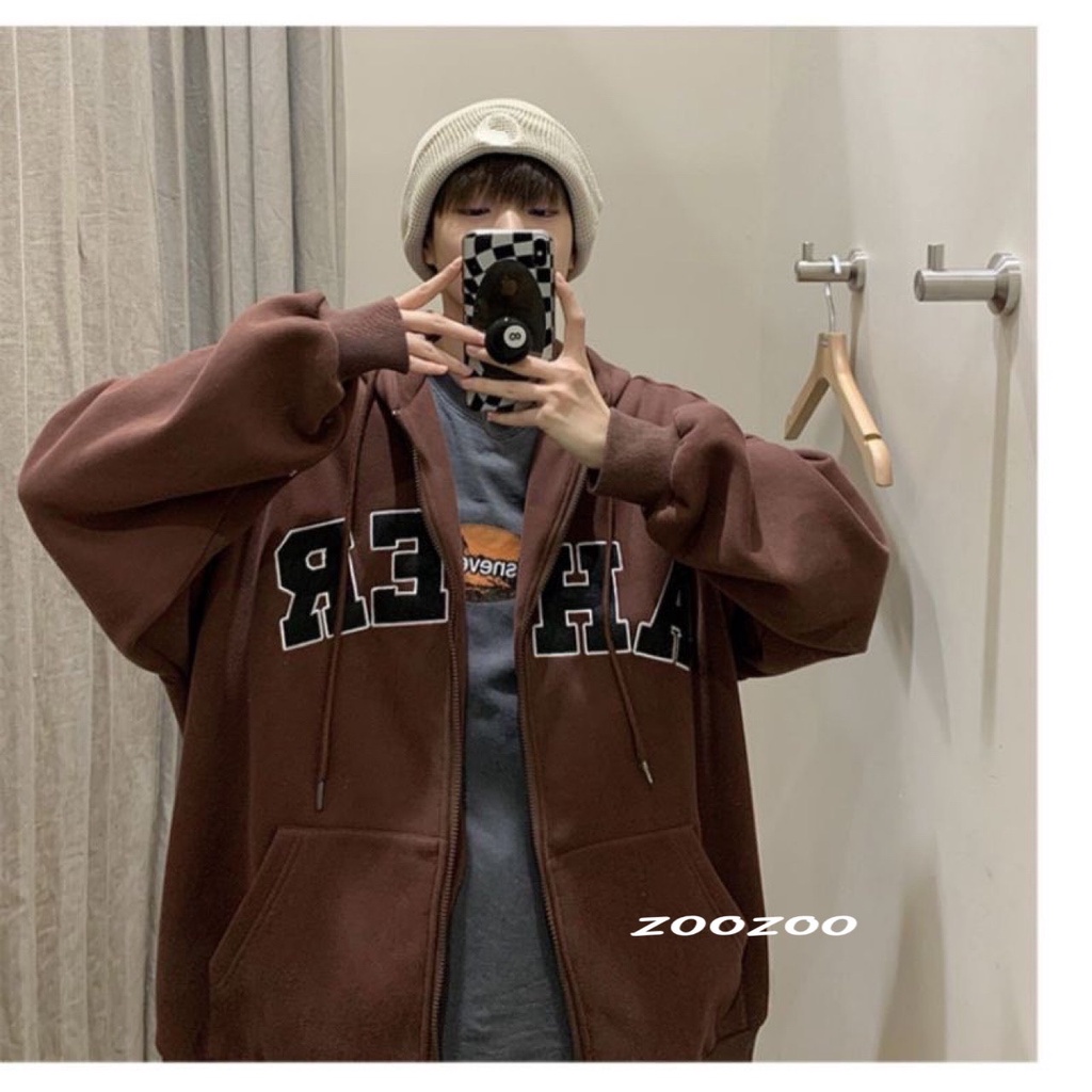 Áo khoác hoodie nỉ bông dây kéo AHER form rộng unisex nam nữ Zoozoo ulzzang