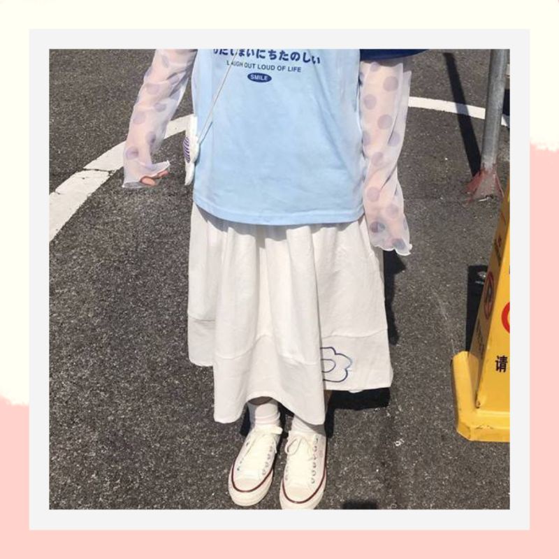 Chân váy dài chữ a dáng xoè hàn quốc dành cho người mập,chân váy dài bigsize lưng thun quảng châu dễ thương màu trắng 06