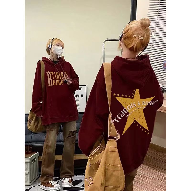 Áo Khoác sweater Có Mũ Trùm Đầu Mẫu Ngôi Sao Năm Cánh Màu Đỏ Tía Phong Cách Âu Mỹ Cổ Điển Thu Đông Ngoại Cỡ Cho Học Sinh Nam Và Nữ