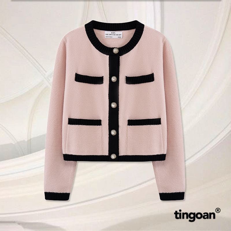 TINGOAN® - Áo len xù cardigan cổ tròn 4 túi hồng nhạt viền đen JENNIFER CARDIGAN/NP