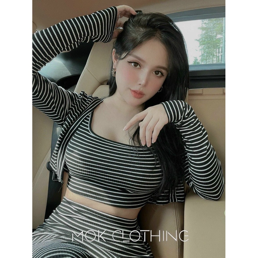 [12/12 Sale Freeship] Set bộ ba món nữ,set bộ chất thun gân áo hai dây trong kèm áo khoác dài tay mix chân váy dài mtb